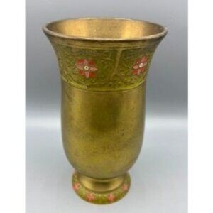 Vtg Brass Flower Vase Pink Floral Enamel Design